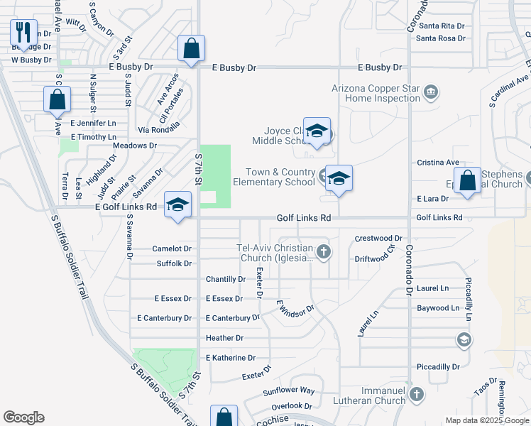 map of restaurants, bars, coffee shops, grocery stores, and more near 1901 Golf Links Road in Sierra Vista