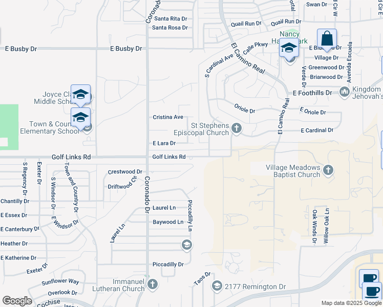 map of restaurants, bars, coffee shops, grocery stores, and more near 2220 East Lara Drive in Sierra Vista