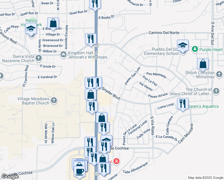 map of restaurants, bars, coffee shops, grocery stores, and more near 4207A Calle Barona in Sierra Vista