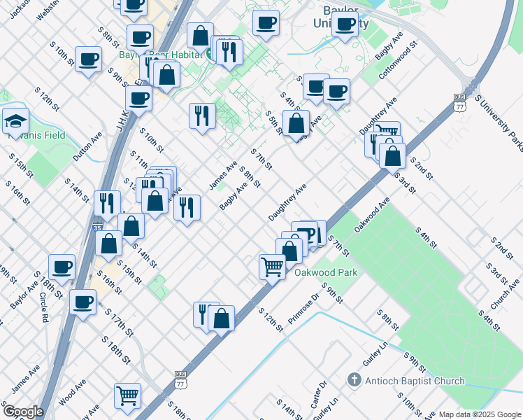 map of restaurants, bars, coffee shops, grocery stores, and more near 813 Wood Avenue in Waco