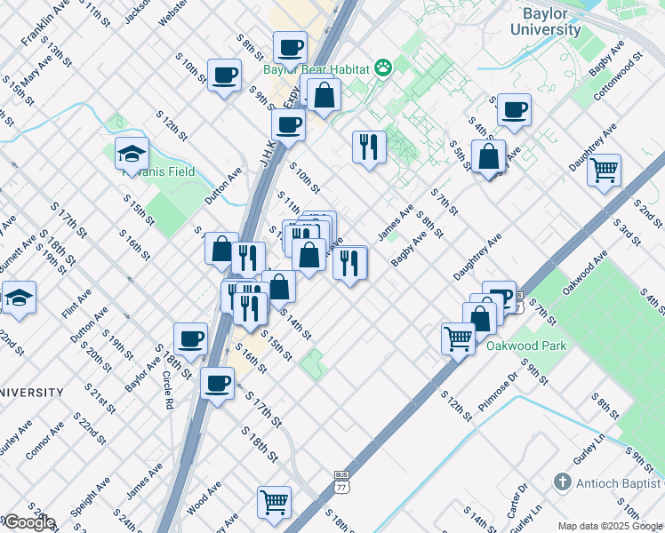 map of restaurants, bars, coffee shops, grocery stores, and more near 1102 Speight Avenue in Waco
