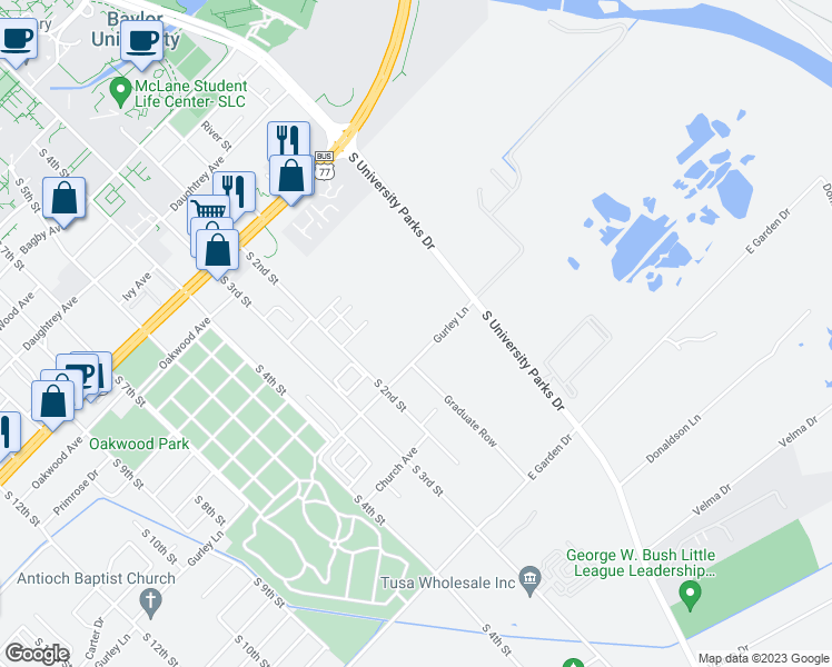 map of restaurants, bars, coffee shops, grocery stores, and more near 124 Gurley Lane in Waco