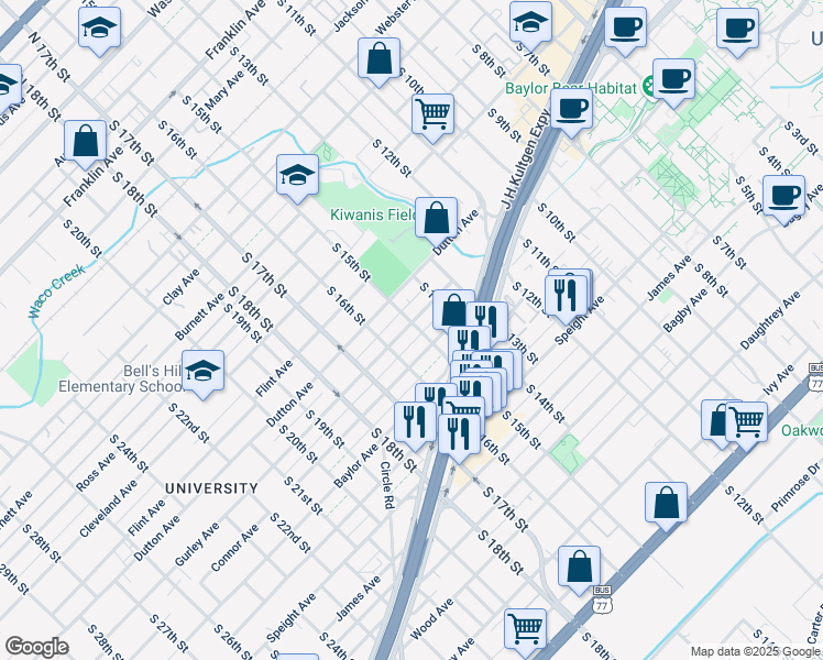 map of restaurants, bars, coffee shops, grocery stores, and more near 1122 South 15th Street in Waco
