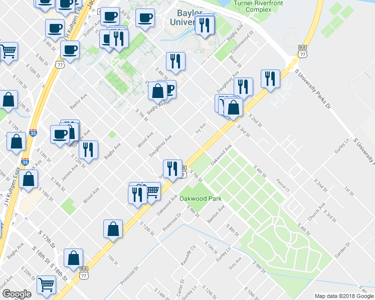 map of restaurants, bars, coffee shops, grocery stores, and more near 2001 South 5th Street in Waco