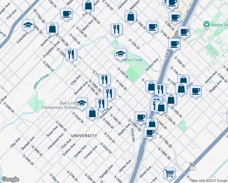 map of restaurants, bars, coffee shops, grocery stores, and more near 1612 Flint Avenue in Waco