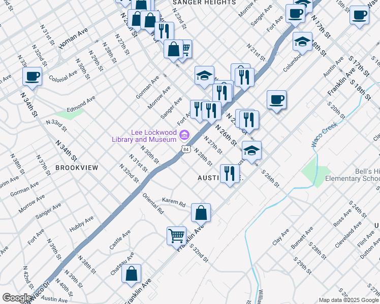 map of restaurants, bars, coffee shops, grocery stores, and more near 2801 West Waco Drive in Waco