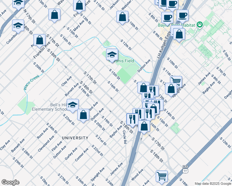 map of restaurants, bars, coffee shops, grocery stores, and more near 1016 South 16th Street in Waco