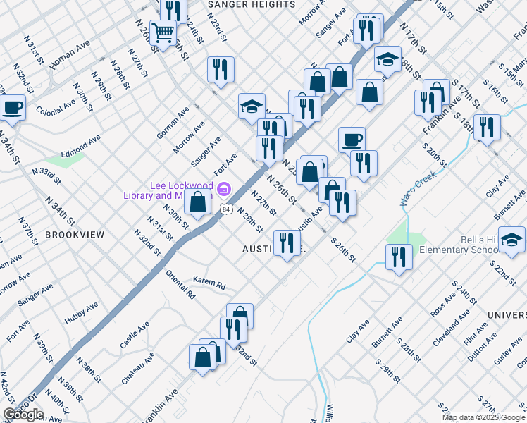 map of restaurants, bars, coffee shops, grocery stores, and more near 2716 Columbus Avenue in Waco