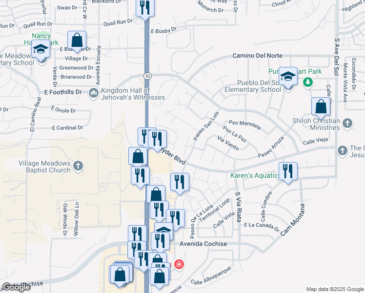 map of restaurants, bars, coffee shops, grocery stores, and more near 1380 Plaza Merito in Sierra Vista