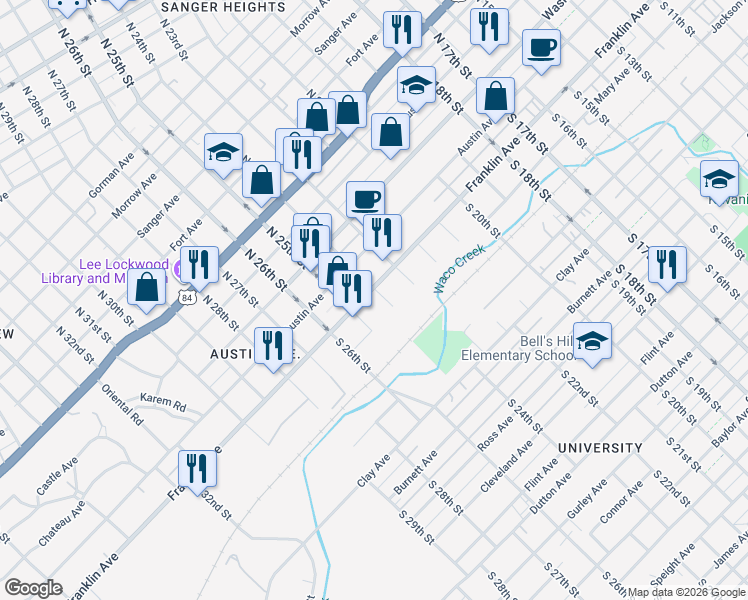 map of restaurants, bars, coffee shops, grocery stores, and more near 2400 Franklin Avenue in Waco