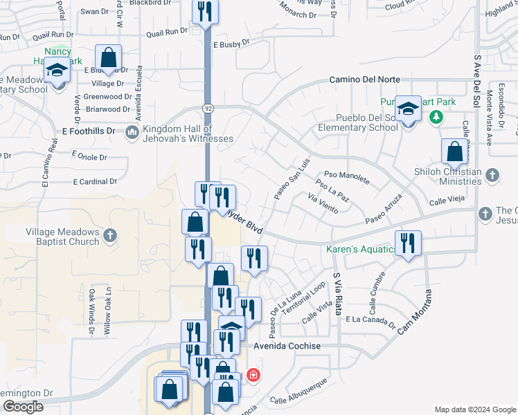 map of restaurants, bars, coffee shops, grocery stores, and more near 4207A Calle Barona in Sierra Vista