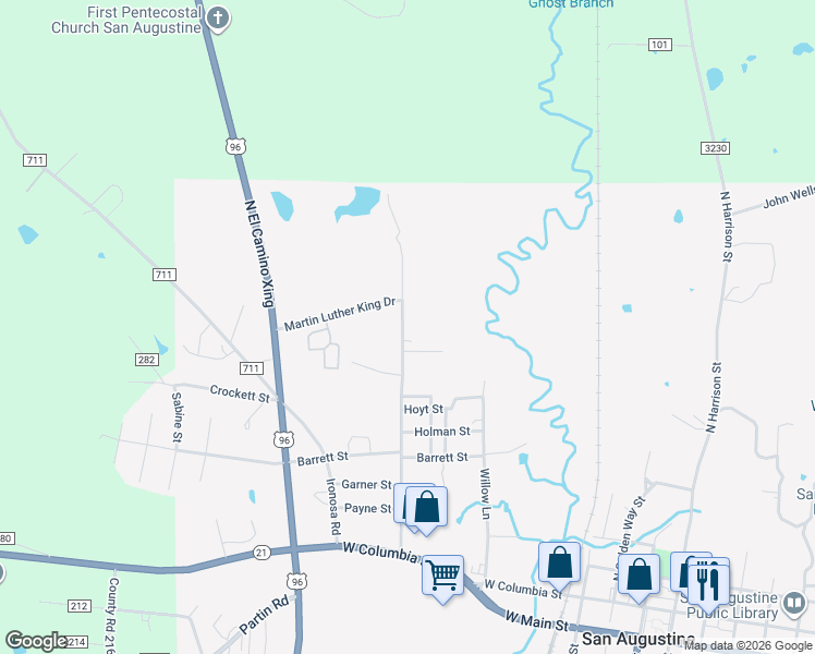map of restaurants, bars, coffee shops, grocery stores, and more near 1010 Martin Luther King Drive in San Augustine