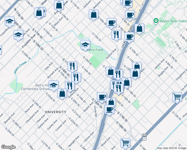 map of restaurants, bars, coffee shops, grocery stores, and more near 1016 South 16th Street in Waco