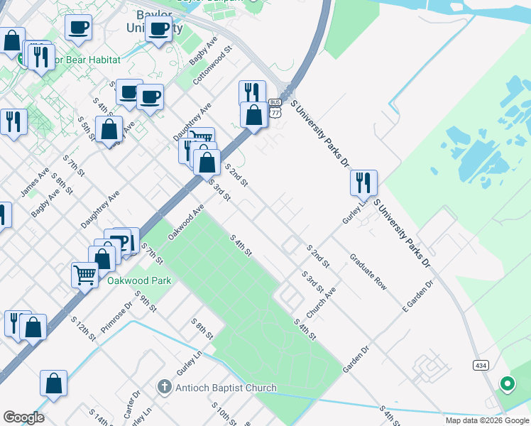 map of restaurants, bars, coffee shops, grocery stores, and more near 2311 South 2nd Street in Waco