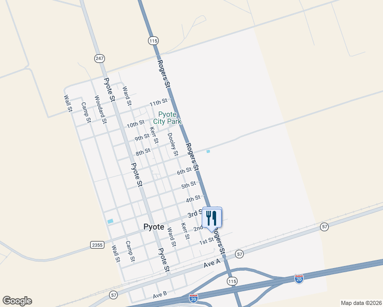 map of restaurants, bars, coffee shops, grocery stores, and more near Rogers Street in Pyote