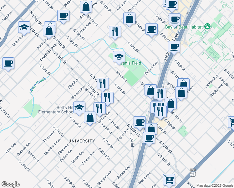 map of restaurants, bars, coffee shops, grocery stores, and more near 1612 Flint Avenue in Waco