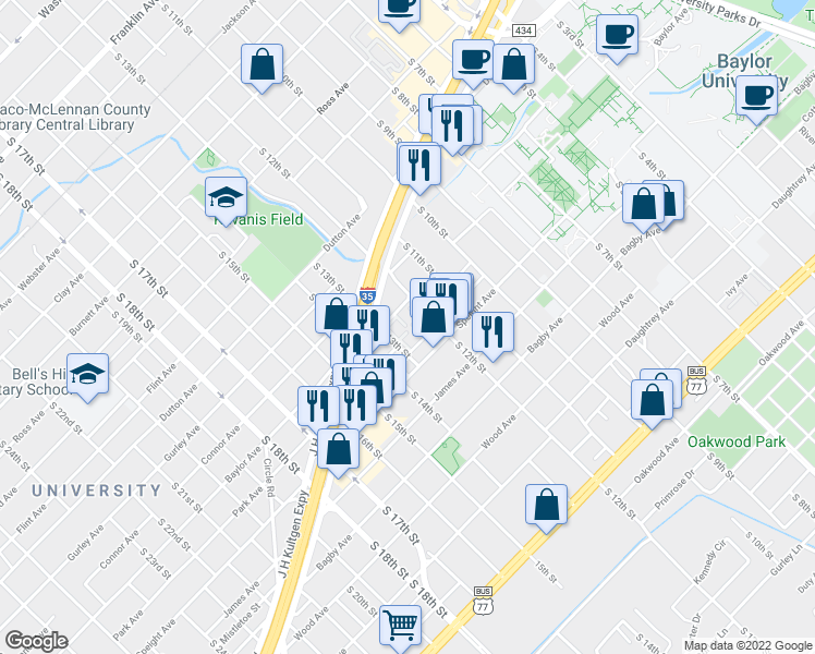 map of restaurants, bars, coffee shops, grocery stores, and more near 1214 Baylor Avenue in Waco