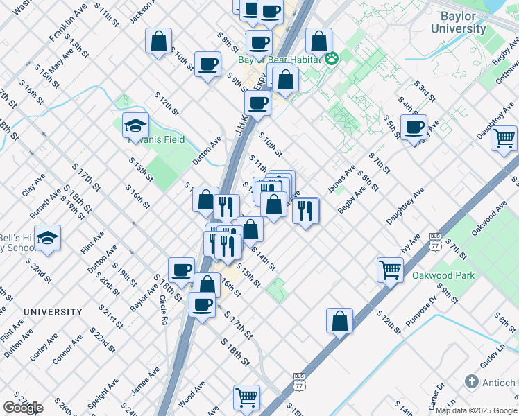 map of restaurants, bars, coffee shops, grocery stores, and more near 1421 South 12th Street in Waco