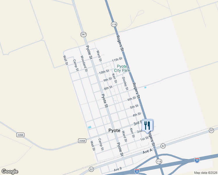 map of restaurants, bars, coffee shops, grocery stores, and more near 8th Street in Pyote