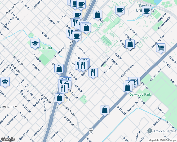 map of restaurants, bars, coffee shops, grocery stores, and more near 1102 Speight Avenue in Waco