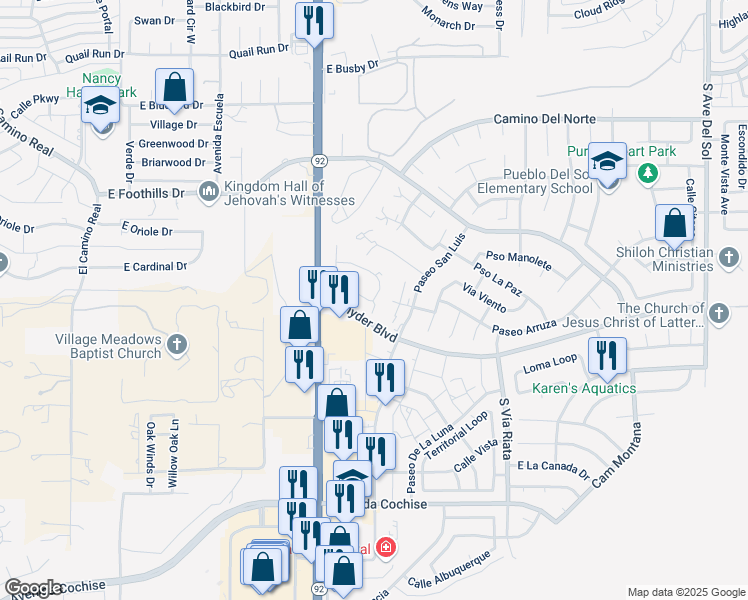 map of restaurants, bars, coffee shops, grocery stores, and more near 4207A Calle Barona in Sierra Vista