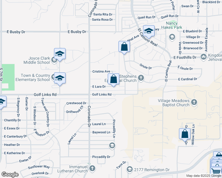 map of restaurants, bars, coffee shops, grocery stores, and more near 2220 East Lara Drive in Sierra Vista