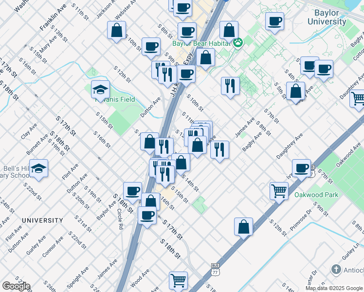 map of restaurants, bars, coffee shops, grocery stores, and more near 1214 Baylor Avenue in Waco