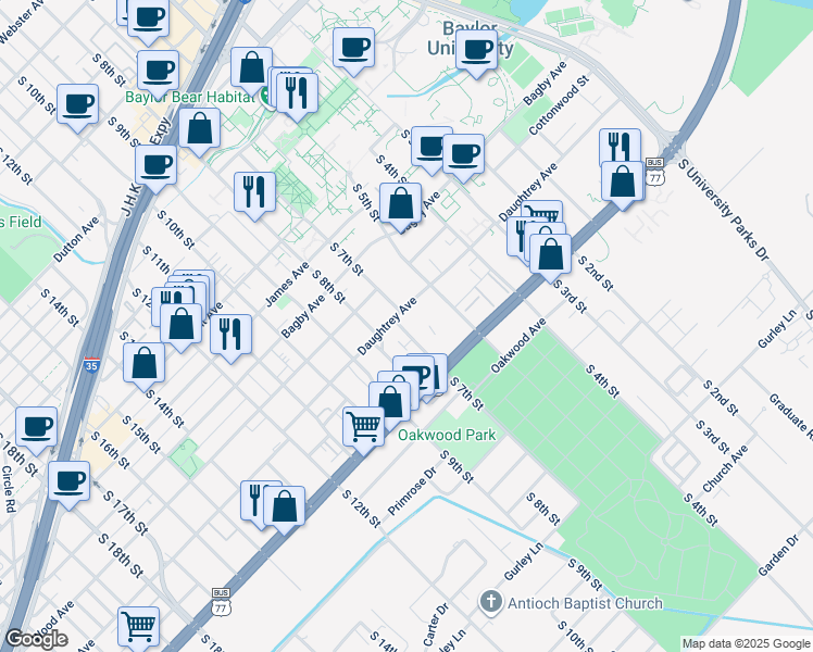 map of restaurants, bars, coffee shops, grocery stores, and more near 105 South 7th Street in Waco