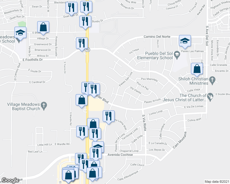 map of restaurants, bars, coffee shops, grocery stores, and more near 1360 Paseo San Luis in Sierra Vista