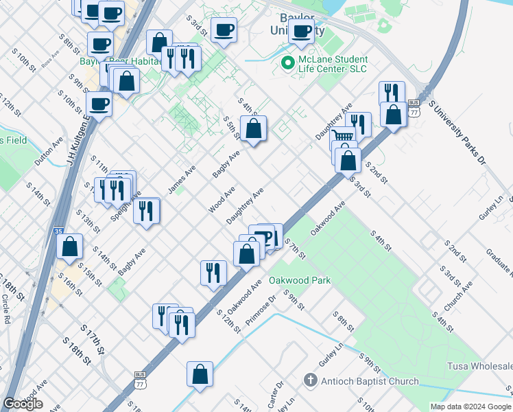 map of restaurants, bars, coffee shops, grocery stores, and more near 105 South 7th Street in Waco