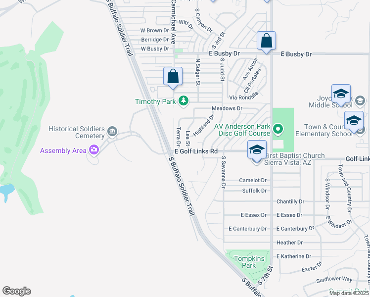 map of restaurants, bars, coffee shops, grocery stores, and more near 1333 Lea Street in Sierra Vista