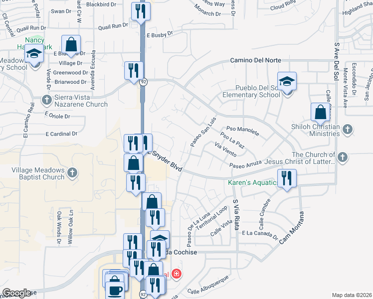map of restaurants, bars, coffee shops, grocery stores, and more near 1401 Paseo San Luis in Sierra Vista