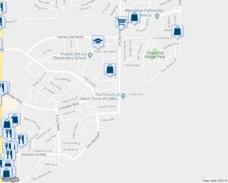 map of restaurants, bars, coffee shops, grocery stores, and more near 5160 Calle Vieja in Sierra Vista