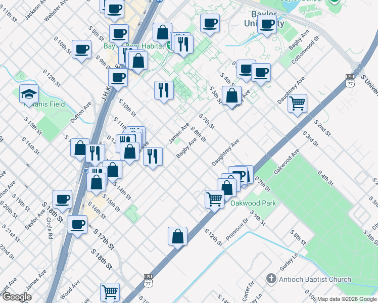 map of restaurants, bars, coffee shops, grocery stores, and more near 1805 South 9th Street in Waco
