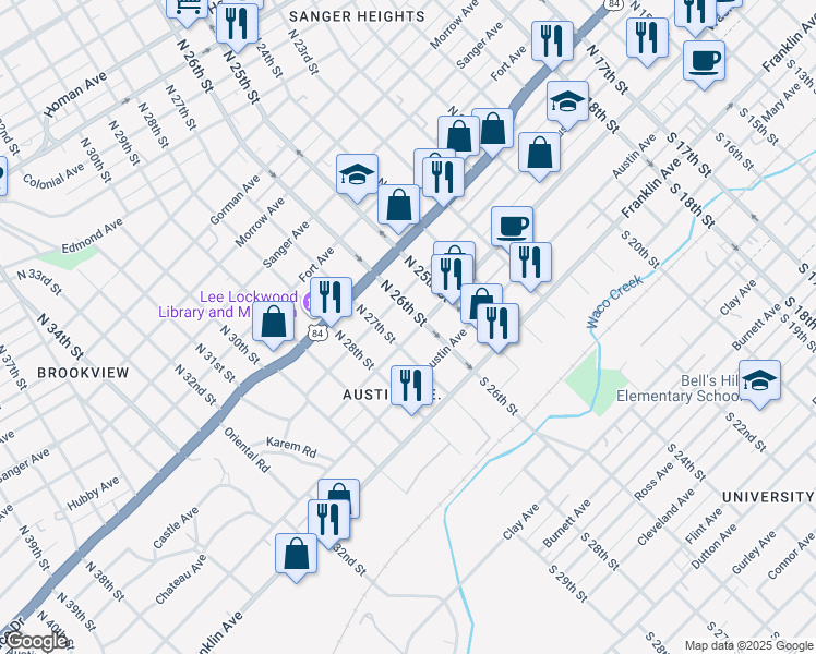 map of restaurants, bars, coffee shops, grocery stores, and more near 217 North 27th Street in Waco