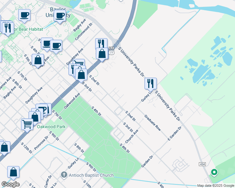map of restaurants, bars, coffee shops, grocery stores, and more near 2410 South 2nd Street in Waco