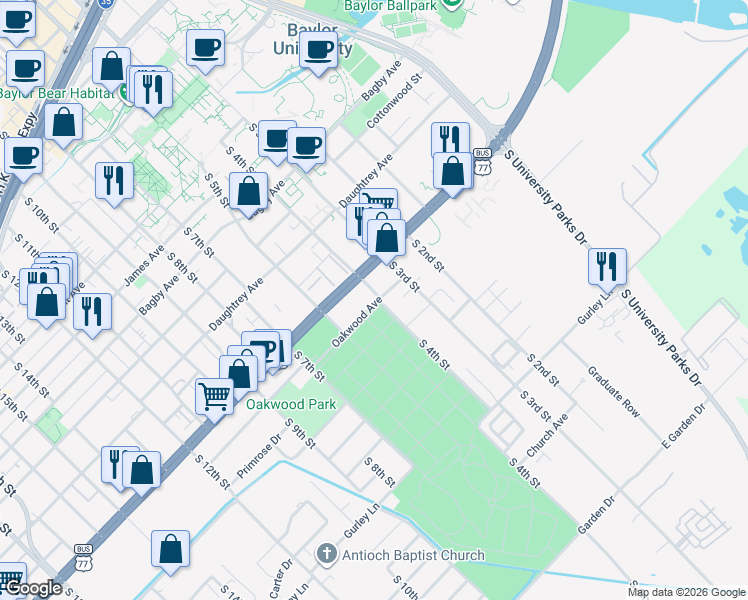 map of restaurants, bars, coffee shops, grocery stores, and more near 400 La Salle Avenue in Waco