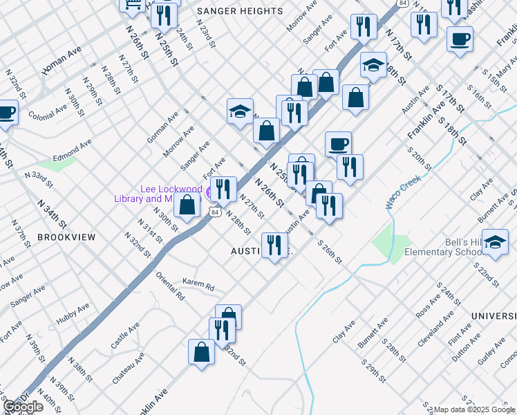 map of restaurants, bars, coffee shops, grocery stores, and more near 217 North 27th Street in Waco