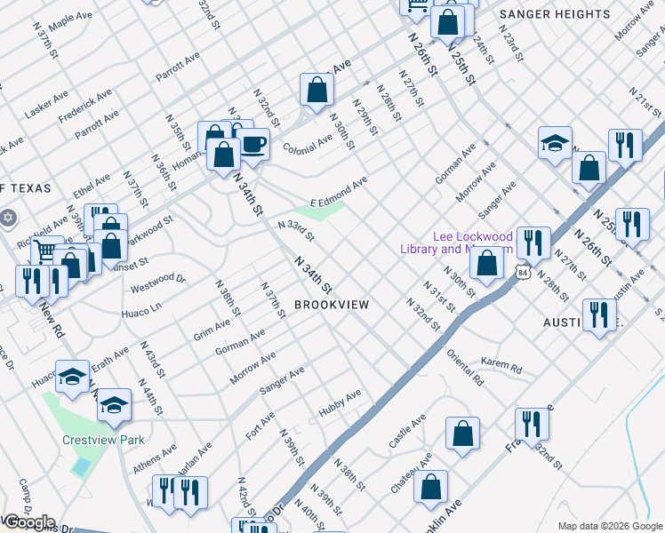 map of restaurants, bars, coffee shops, grocery stores, and more near 916 North 33rd Street in Waco