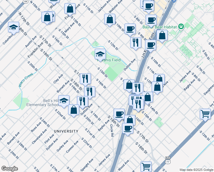 map of restaurants, bars, coffee shops, grocery stores, and more near 1016 S 16th St in Waco