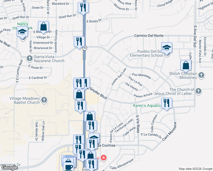 map of restaurants, bars, coffee shops, grocery stores, and more near 4207A Calle Barona in Sierra Vista