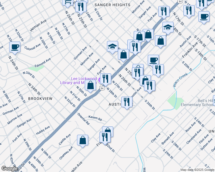 map of restaurants, bars, coffee shops, grocery stores, and more near 2726 West Waco Drive in Waco