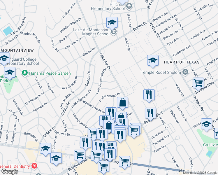map of restaurants, bars, coffee shops, grocery stores, and more near 4907 Lake Englewood Drive in Waco