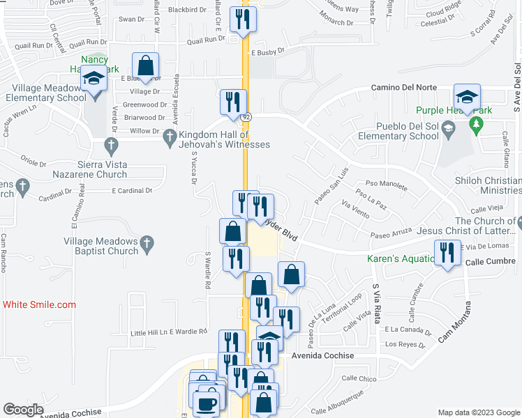 map of restaurants, bars, coffee shops, grocery stores, and more near 4150 Calle Ladero in Sierra Vista