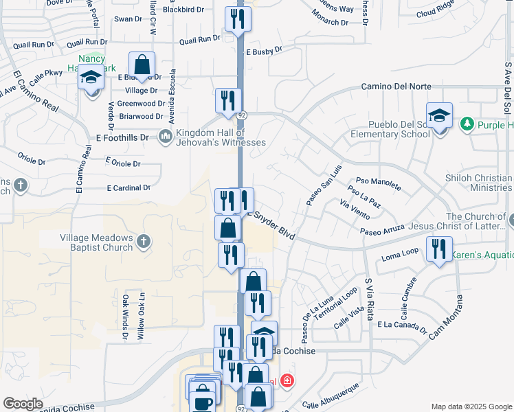 map of restaurants, bars, coffee shops, grocery stores, and more near 4190 Calle Ladero in Sierra Vista
