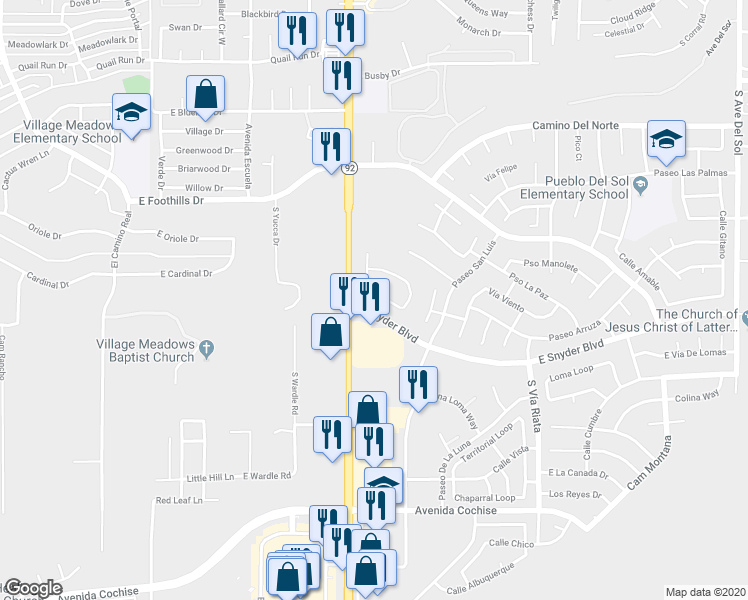 map of restaurants, bars, coffee shops, grocery stores, and more near 4190 Calle Ladero in Sierra Vista