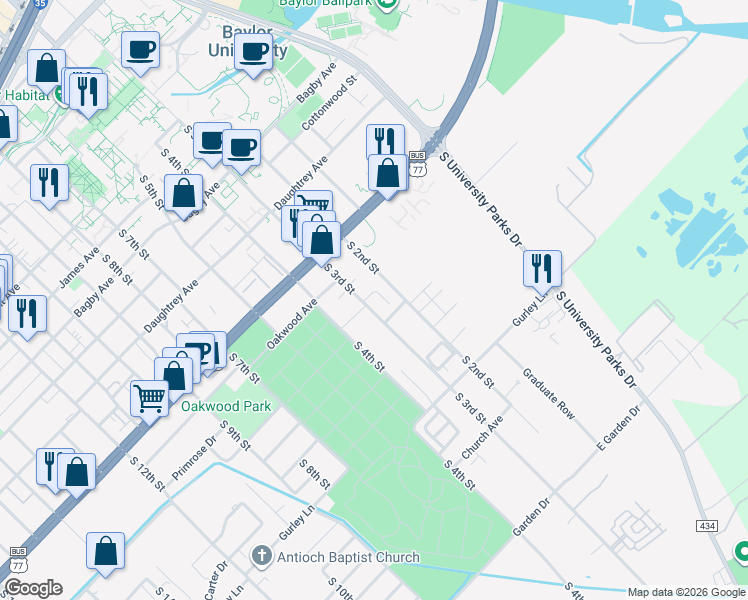map of restaurants, bars, coffee shops, grocery stores, and more near 2300 South 3rd Street in Waco