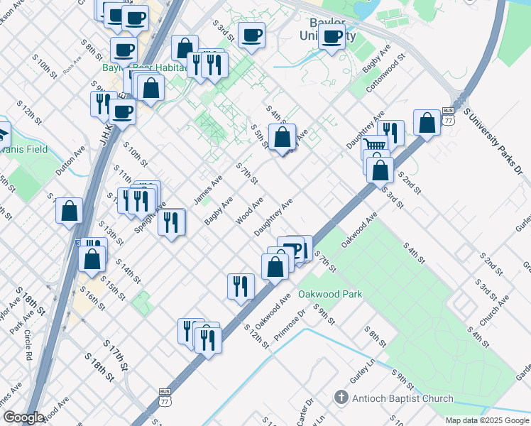 map of restaurants, bars, coffee shops, grocery stores, and more near 1912 South 8th Street in Waco