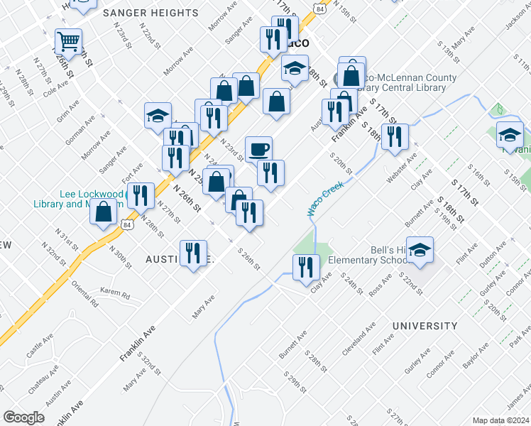 map of restaurants, bars, coffee shops, grocery stores, and more near 2401 Franklin Avenue in Waco