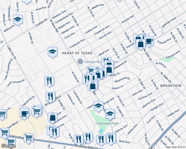 map of restaurants, bars, coffee shops, grocery stores, and more near 4005 Bosque Boulevard in Waco